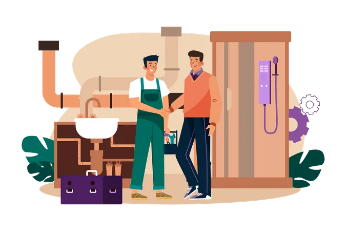 Handsome Plumber and Customer Shaking Hands  Illustration