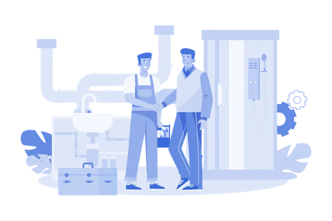 Handsome Plumber and Customer Shaking Hands  Illustration