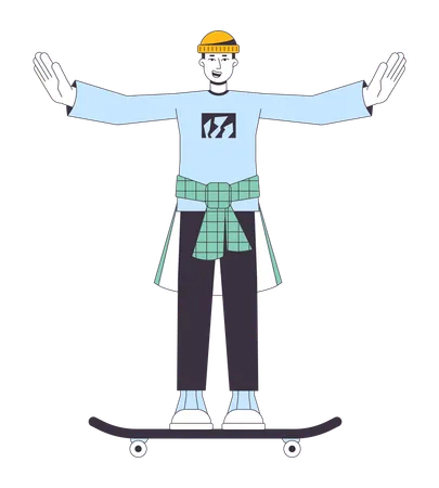 Handsome Skater Waving Flat Line Color Vector Character Editable Outline Full Body Young Man Doing Tricks On Skateboard On White Simple Cartoon Spot Illustration For Web Graphic Design Illustration