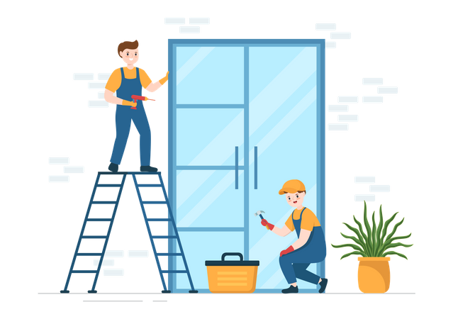 Handwerker bei der Türmontage  Illustration