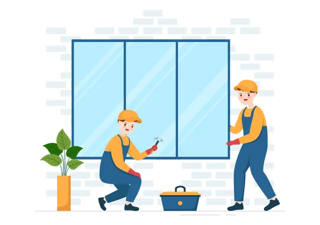 Handwerker installiert Glasscheibe in Fenster  Illustration