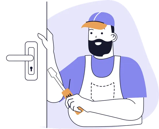 Handwerker repariert Haustür  Illustration