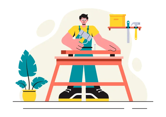 Handwerker beim Holzschneiden  Illustration