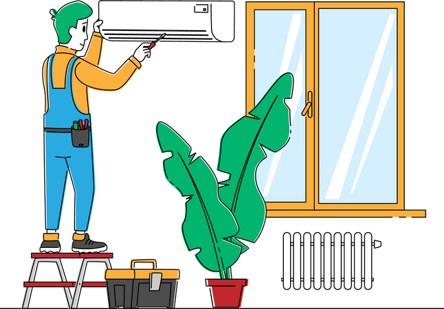 Handy Man Fixing Broken Conditioner at Home or Office Illustration