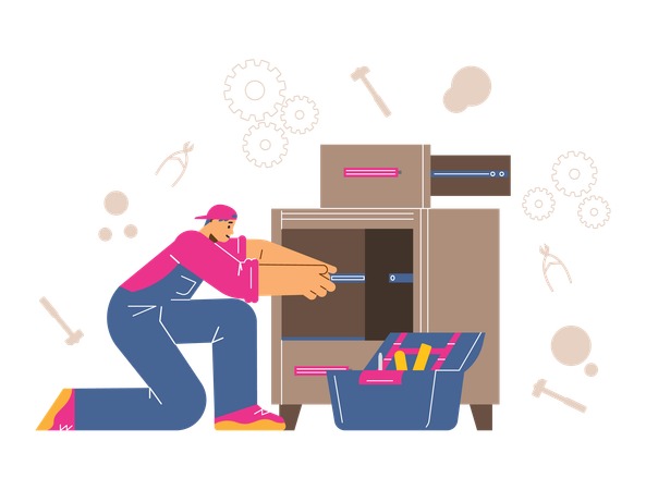 Handy man repairing table drawer  Illustration