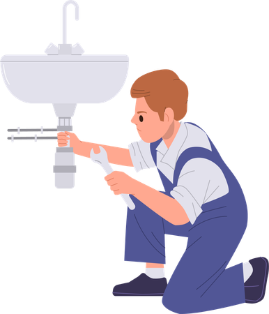 Handyman character fixing broken sink pipe with wrench in home bathroom  Illustration