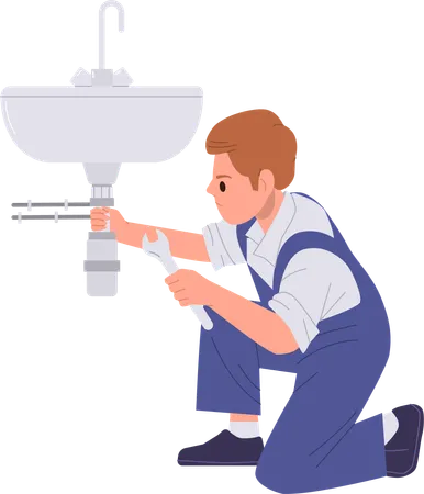 Handyman character fixing broken sink pipe with wrench in home bathroom  Illustration