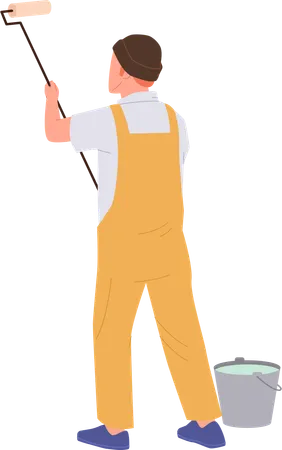 Handyman Professional Painter Cartoon Character Engaged In Home Renovation Isolated On White Workman Decorating Painting Wall With Roll Providing Construction Work Service Vector Illustration 일러스트레이션