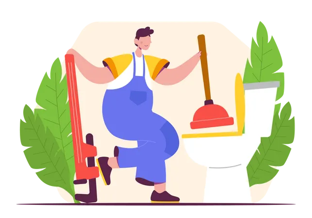 Handyman Remove Blockage with Plunger in Toilet  Illustration