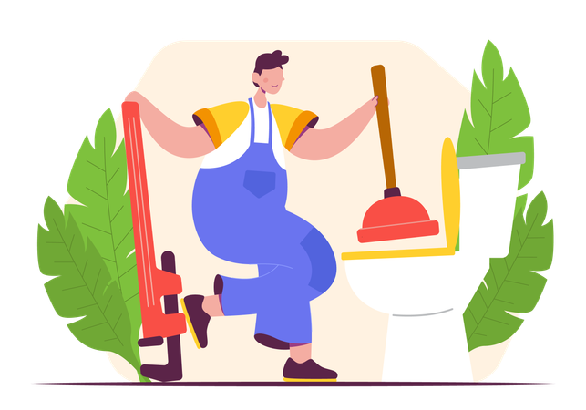 Handyman Remove Blockage with Plunger in Toilet  Illustration