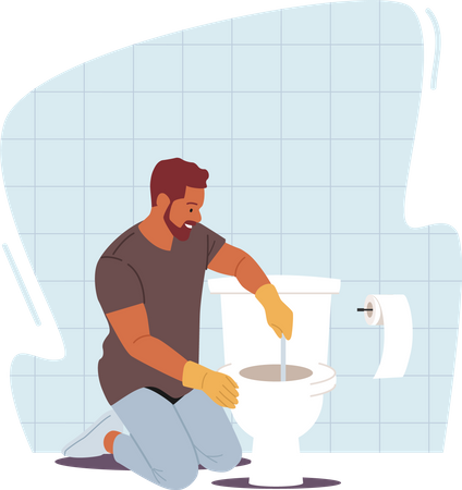 Handyman Remove Blockage with Plunger in Toilet  Illustration