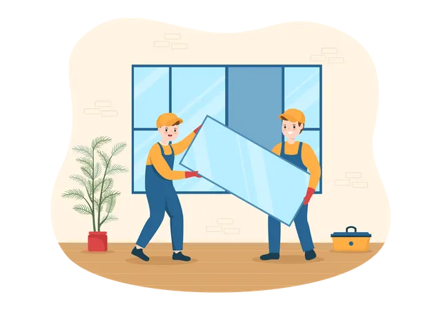 Window And Door Installation Service With Worker For Home Repair And Renovation Use Tools In Flat Cartoon Hand Drawn Template Illustration 일러스트레이션