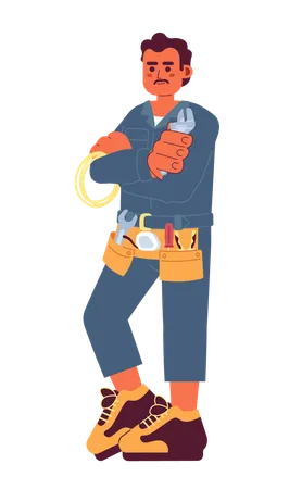 Handyman Tool Belt Cartoon Flat Illustration Mustache Hispanic Repairman Holding Wrench 2 D Character Isolated On White Background Construction Worker Mechanic Auto Repair Scene Vector Color Image Illustration