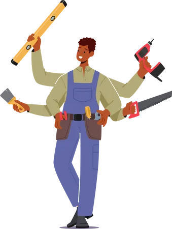 Handyman With Many Arms Holding Different Instruments For Fixing And Maintenance Broken Technics Man Work Service Employee Worker Isolated Master Character Cartoon People Vector Illustration Illustration