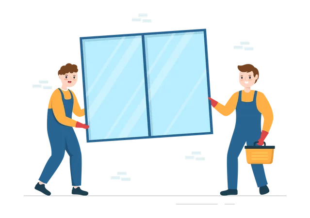 Window And Door Installation Service With Worker For Home Repair And Renovation Use Tools In Flat Cartoon Hand Drawn Template Illustration 일러스트레이션
