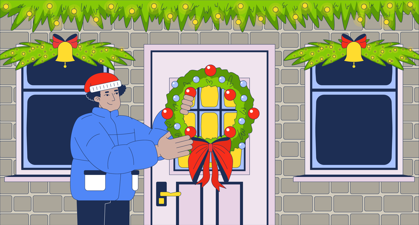 Hanging Christmas wreath on front door  Illustration