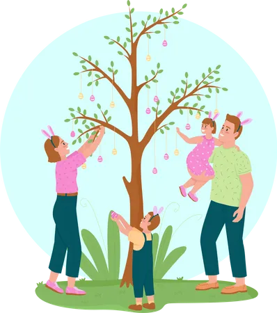 Hanging Easter Eggs On Tree 2 D Vector Web Banner Poster Happy Parents With Children Flat Characters On Cartoon Background Spring Holiday Tradition Printable Patch Colorful Web Element Illustration