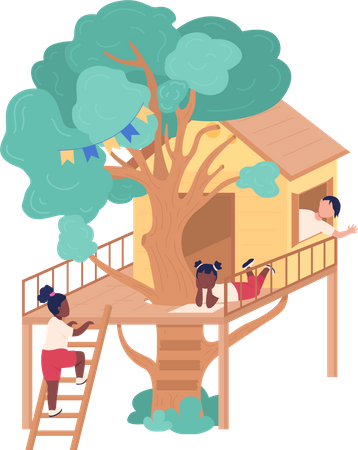 Hanging out with friends in tree fort  Illustration
