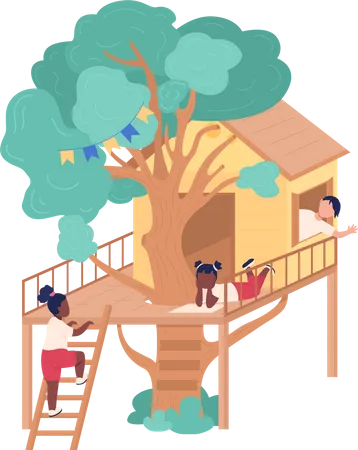 Hanging Out With Friends In Tree Fort Flat Color Vector Illustration Addition To Garden House Summer Activity For 2 D Cartoon Faceless Characters With Backyard Treehouse On Background Illustration