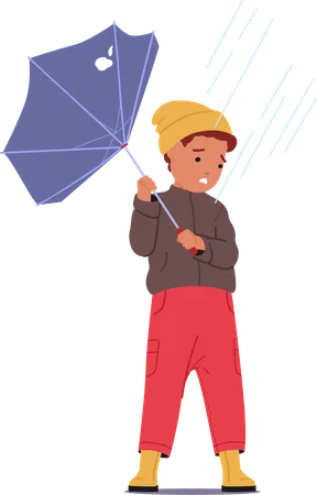 Hapless Boy Character Battles The Storm And Wind His Fractured Umbrella A Feeble Shield A Poignant Portrait Of Youthful Resilience Against Nature Relentless Whims Cartoon People Vector Illustration Illustration