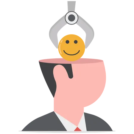 Happiness Cure Work Stressed Care For Mental Health Or Relax From Tired Work Concept Businessman Holding Pink Coin With Happiness Face To Insert Into Depressed Thinking Head To Cure From Stressed Illustration