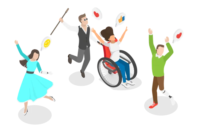 3 D Isometric Flat Vector Conceptual Illustration Of Happy Active Disabled People Accessibility And Inclusivity Illustration