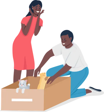 Happy African American Couple Find Homeless Cats Flat Color Vector Detailed Characters Kittens Adoption Pet Care Isolated Cartoon Illustration For Web Graphic Design And Animation 일러스트레이션