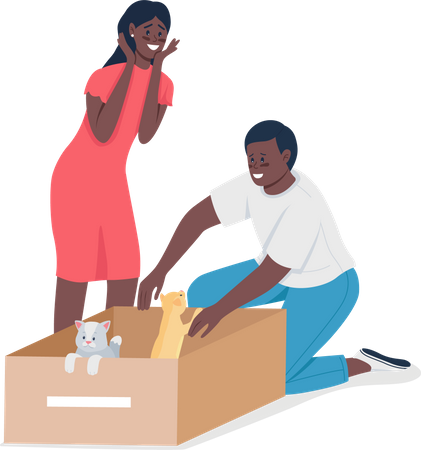 Happy African American couple find homeless cats  Illustration