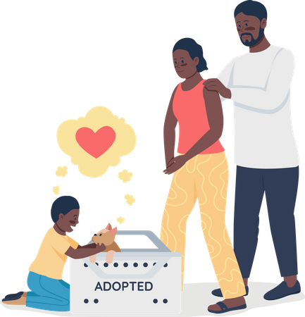 Happy African American family with adopted dog  Illustration