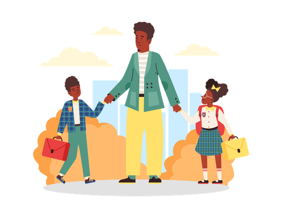 Happy african american family with kids walking to school  Illustration