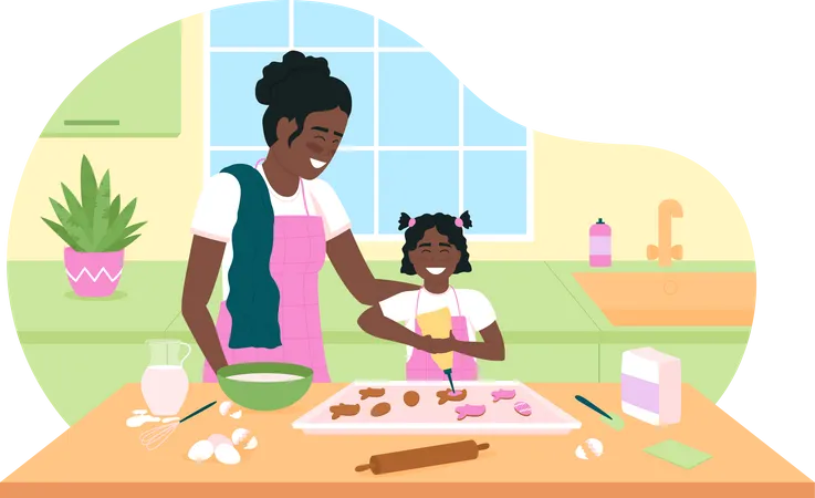Happy African American Mother And Daughter Bake Cookies 2 D Vector Web Banner Poster Family Flat Characters On Cartoon Background Easter Preparation Printable Patch Colorful Web Element Illustration