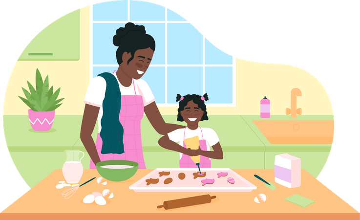 Happy African American mother and daughter bake cookies  Illustration