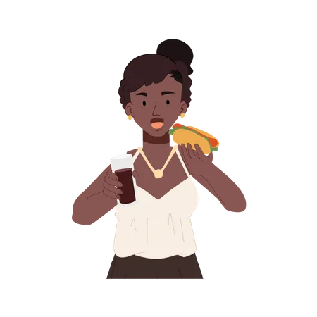 Happy african american woman eating hot dog  Illustration