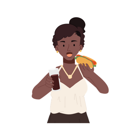 Happy african american woman eating hot dog  Illustration