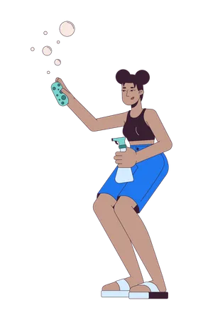Happy african american woman with cleaning supplies  Illustration