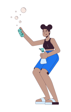 Happy african american woman with cleaning supplies  Illustration