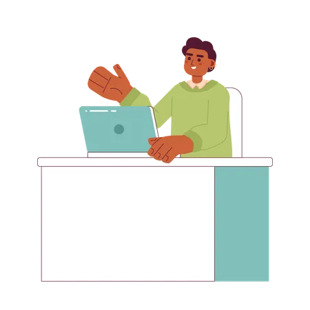 Happy African American Worker Near Laptop 2 D Vector Isolated Spot Illustration Office Worker Flat Character On White Background Colorful Editable Scene Illustration