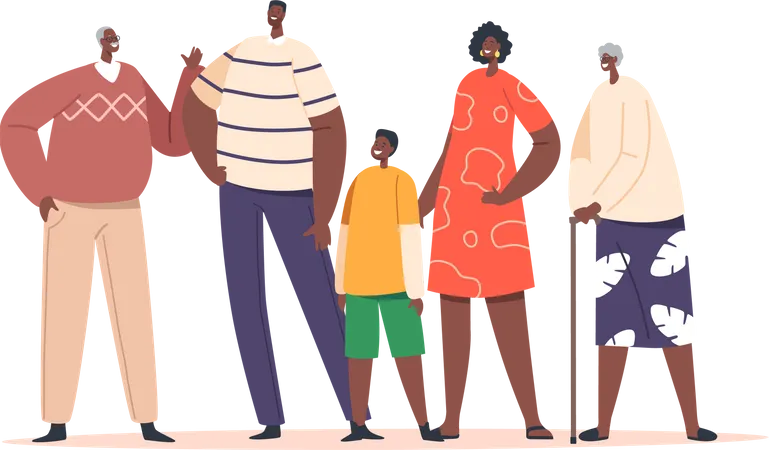 Big Happy Modern African Family Characters Parents Grandparents And Children Stand Together Father Mother And Kids Loving Bonding Relations Relaxed Sparetime Cartoon People Vector Illustration Illustration