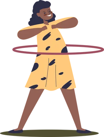 Happy African American Girl Spinning Hula Hoop On Waist Funny Kid Enjoy Sport Recreation Activity Children And Games Concept Cartoon Flat Vector Illustration Illustration