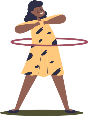 Happy african girl spinning hula hoop on waist  Illustration