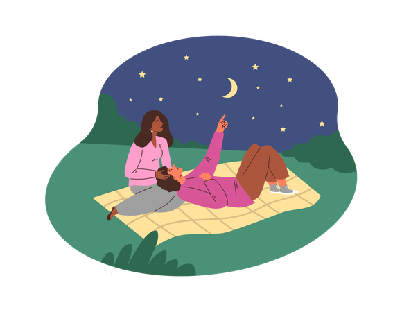 丘の上で星空を眺める幸せな恋人たち  イラスト