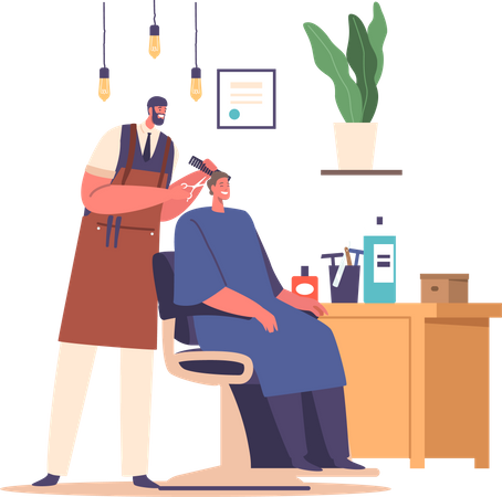 Happy And Excited Groom Character Sits In A Barber Chair  Illustration