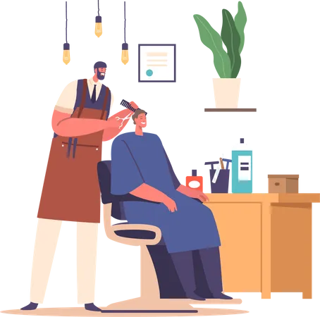 Happy And Excited Groom Character Sits In A Barber Chair Receiving A Precise Haircut Enjoying A Pampering Session At The Barber Shop Before His Wedding Day Cartoon People Vector Illustration Illustration