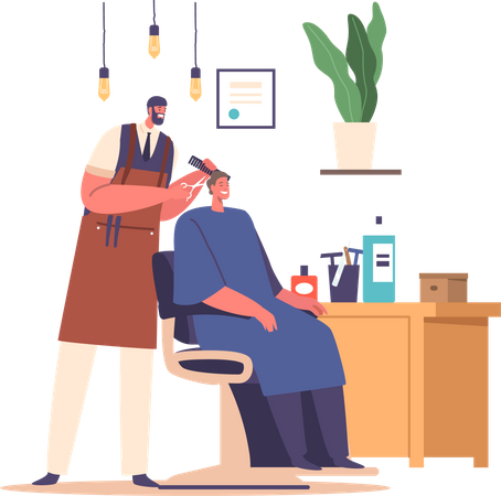 Happy And Excited Groom Character Sits In A Barber Chair  Illustration