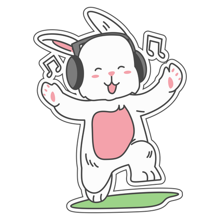 Happy and excited rabbit listening music  Illustration