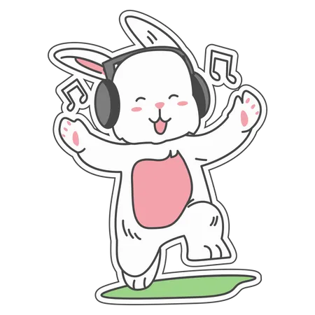 Happy and excited rabbit listening music  Illustration