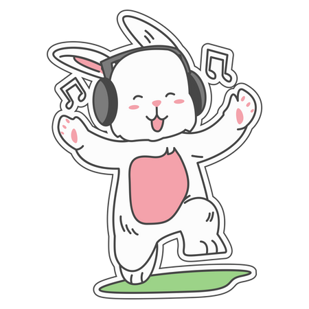 Happy and excited rabbit listening music  イラスト