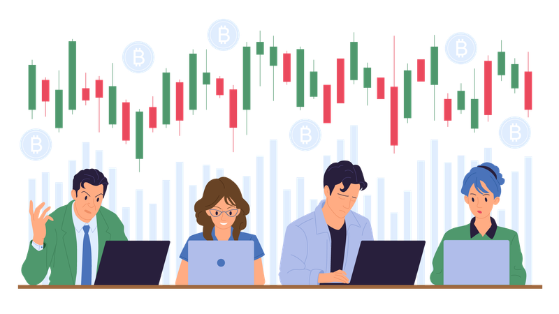 Happy and sad bitcoin investor sitting at laptop  Illustration