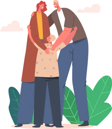 Loving Family Stand With Joined Arms Parents And Child Bonding Mother And Father Characters Holding Son Hands People Hugging Expressing Love Spend Time Together Cartoon Vector Illustration Illustration