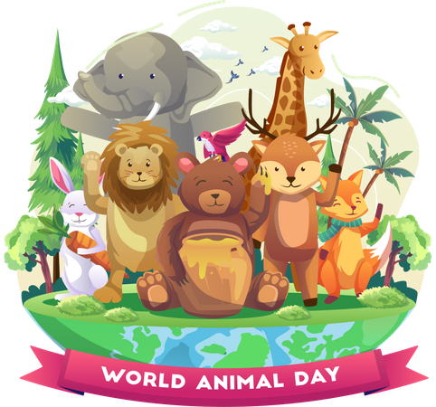 Happy animals at zoo on world animal day  Illustration